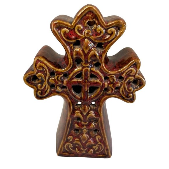 Brown Glazed Ceramic Cross Tea Light Candle Holder Decor 6 x 4 x 2 - Picture 5 of 7